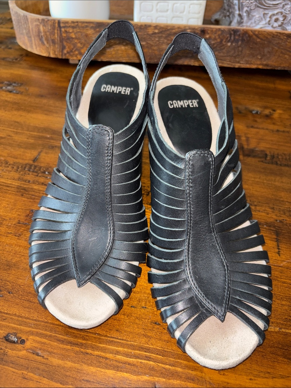 Camper Black Strappy Slingback Leather Sandals